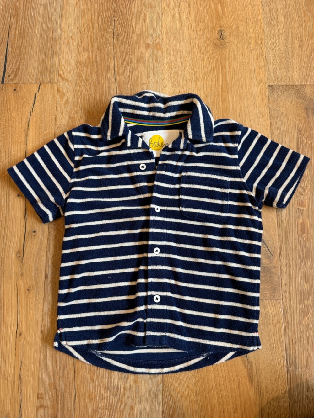 Boden Boys Navy and White Striped Button-Terry Shirt